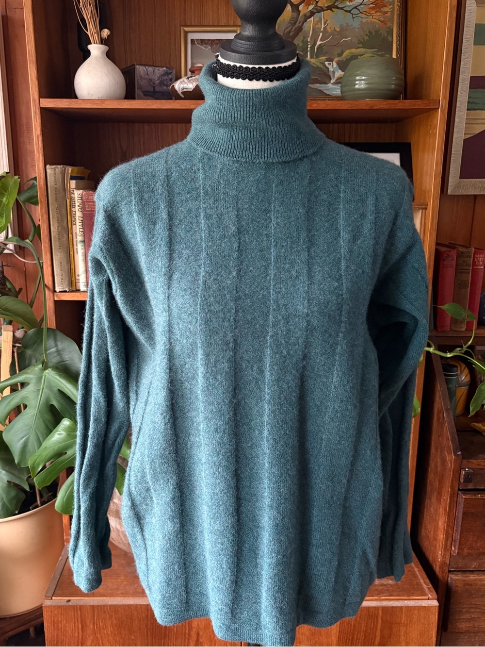90s Vintage Lands End Lambswool Thick Rib Teal Turtleneck M